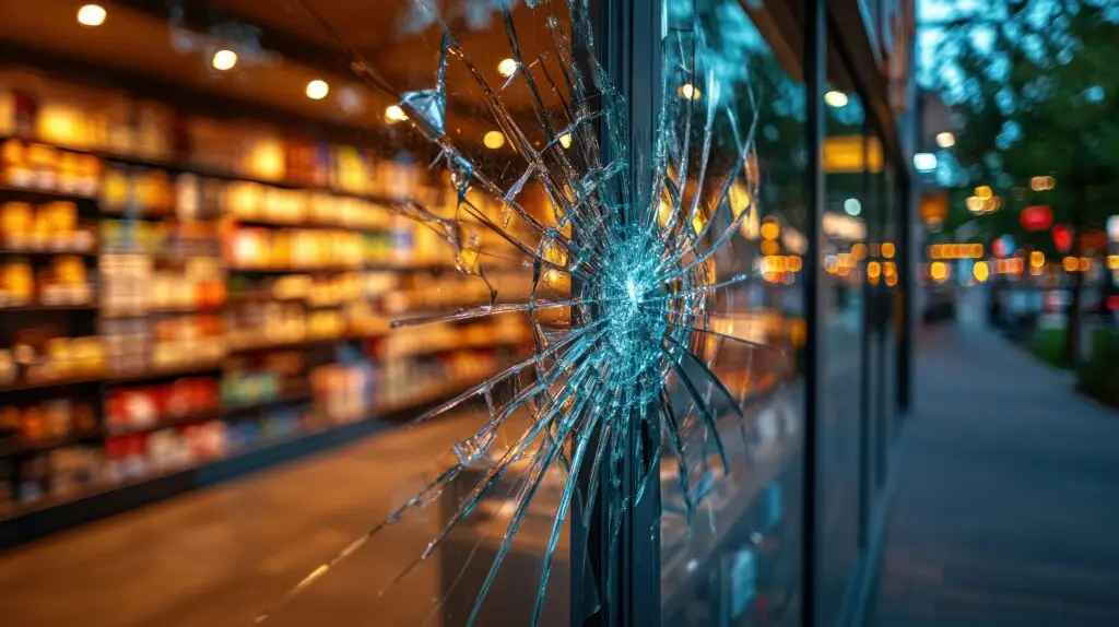 Shattered storefront window, city street, night, vandalism, damage