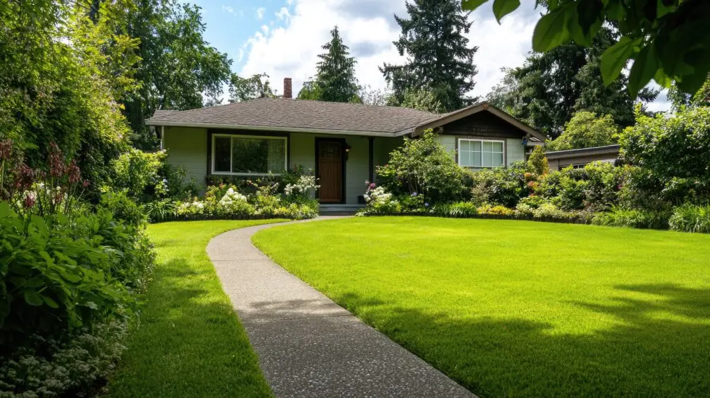 Green lawn beside a one-story house with a welcoming front yard and pathway