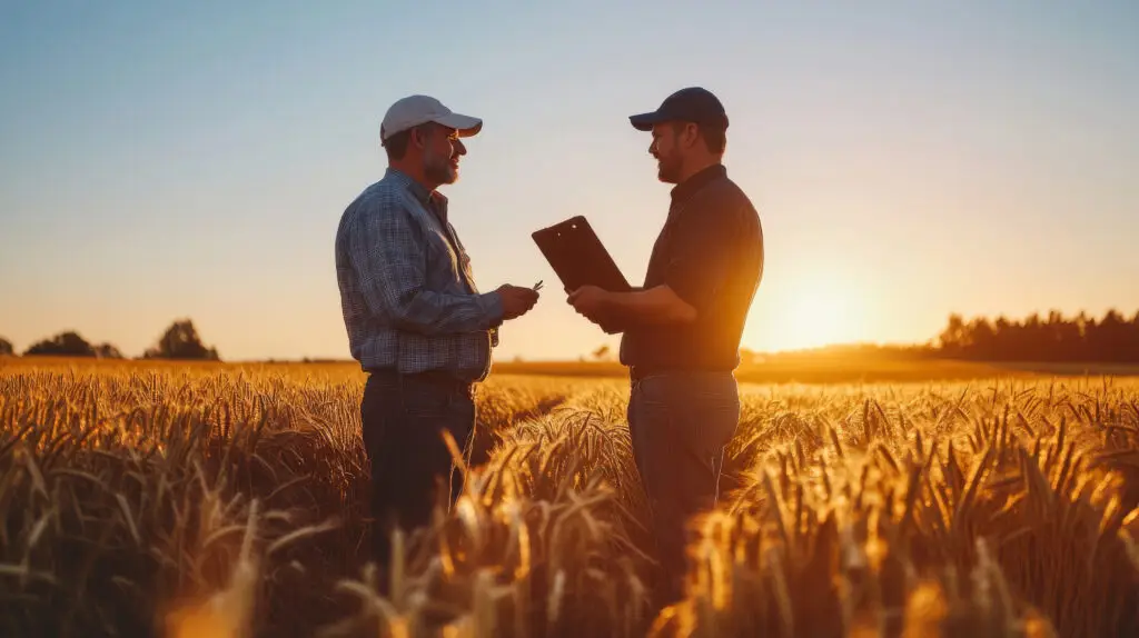 Two men speaking in a wheat field