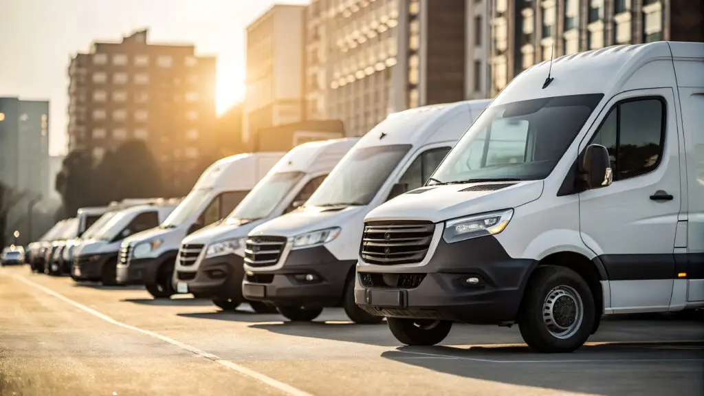 Commercial Vans & Delivery Trucks – Fleet Vehicles in Dealership Lot Photography