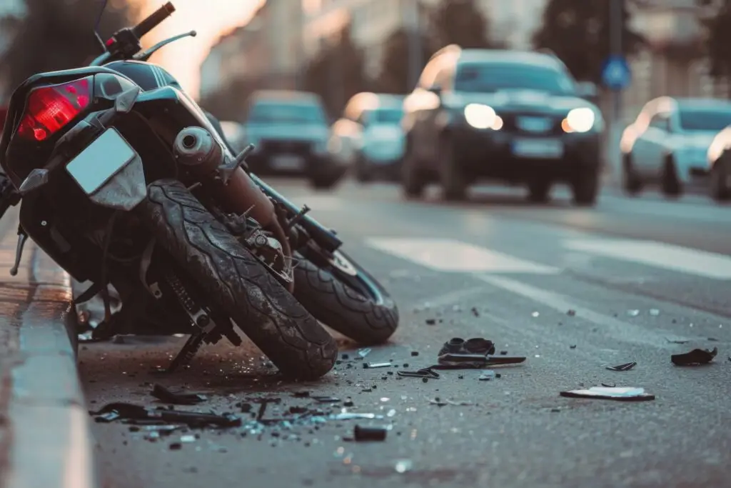 Broken motorcycle after traffic accident crash on urban street. Damaged motorbike on asphalt road, personal injury insurance claim concept. Road safety awareness campaign, defensive driving tips blog