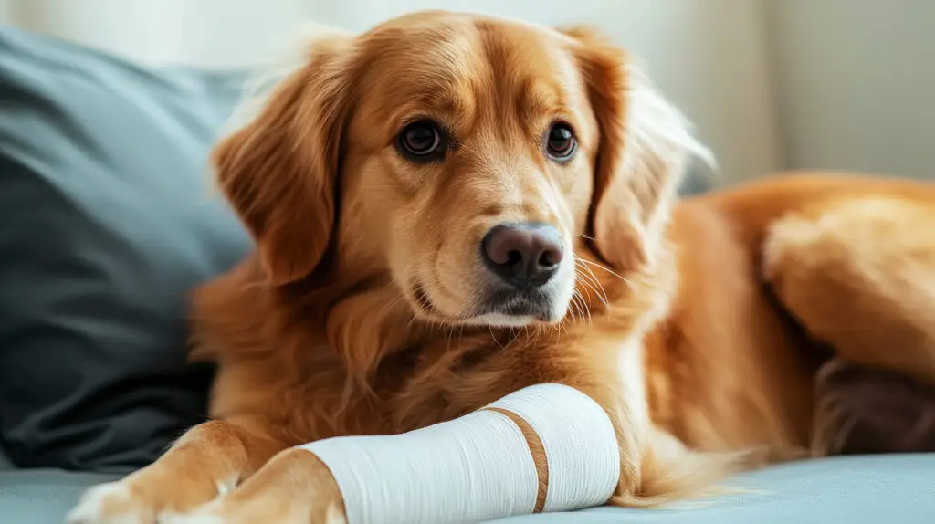 Golden retriever resting with bandaged paw, showing resilience and recovery. Veterinary care ensures comfort and healing for injured pets.